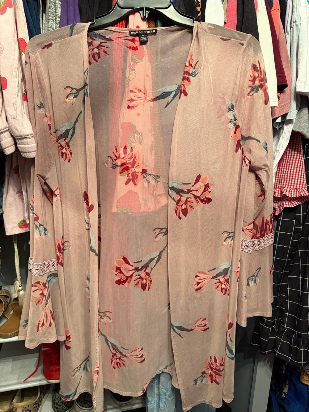 NATURAL LIFE Blush Pink Floral Mesh Open-Front Kimono